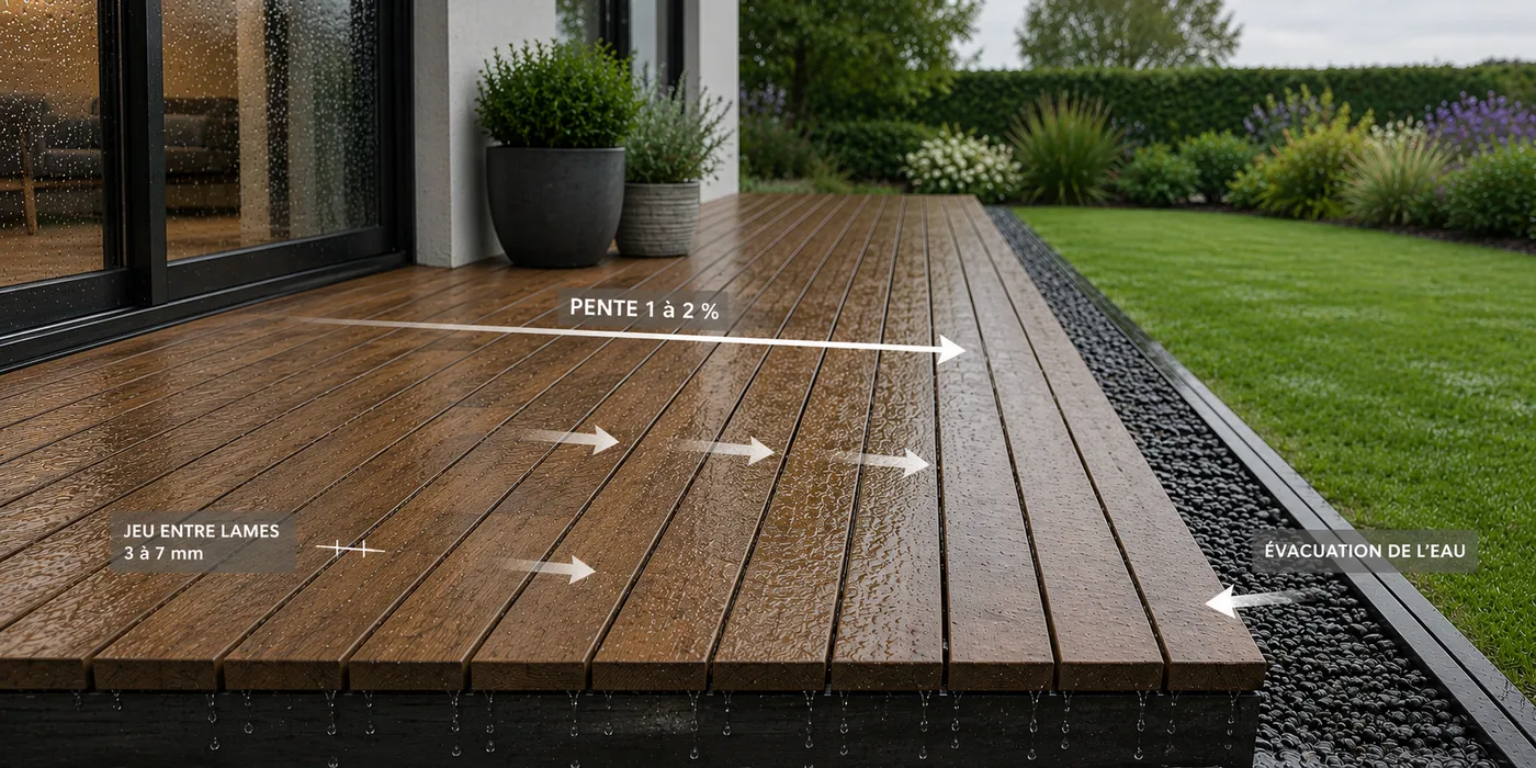 Terrasse bois sur plots avec pente de drainage visible