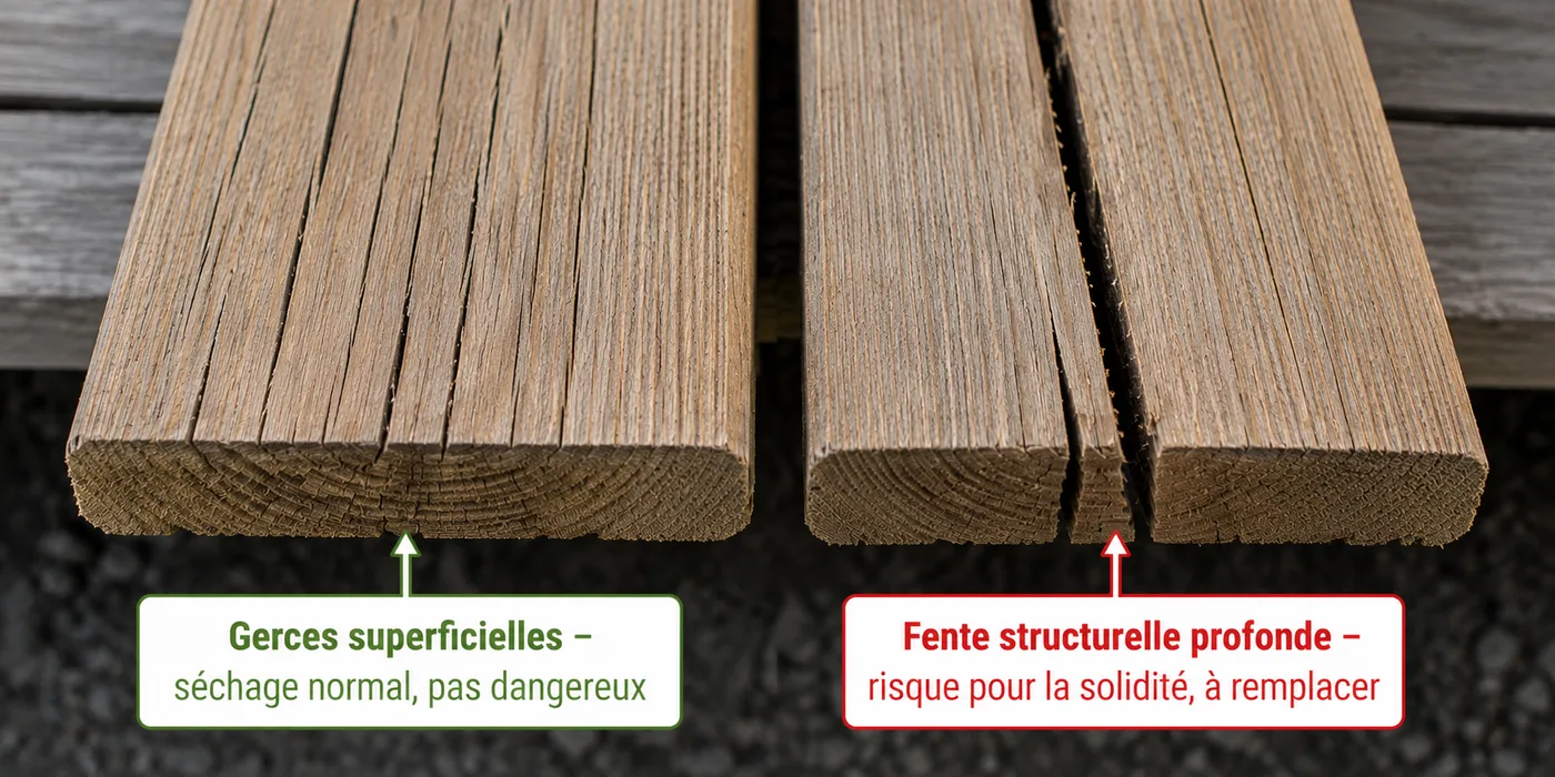 Lames de terrasse bois fissurées