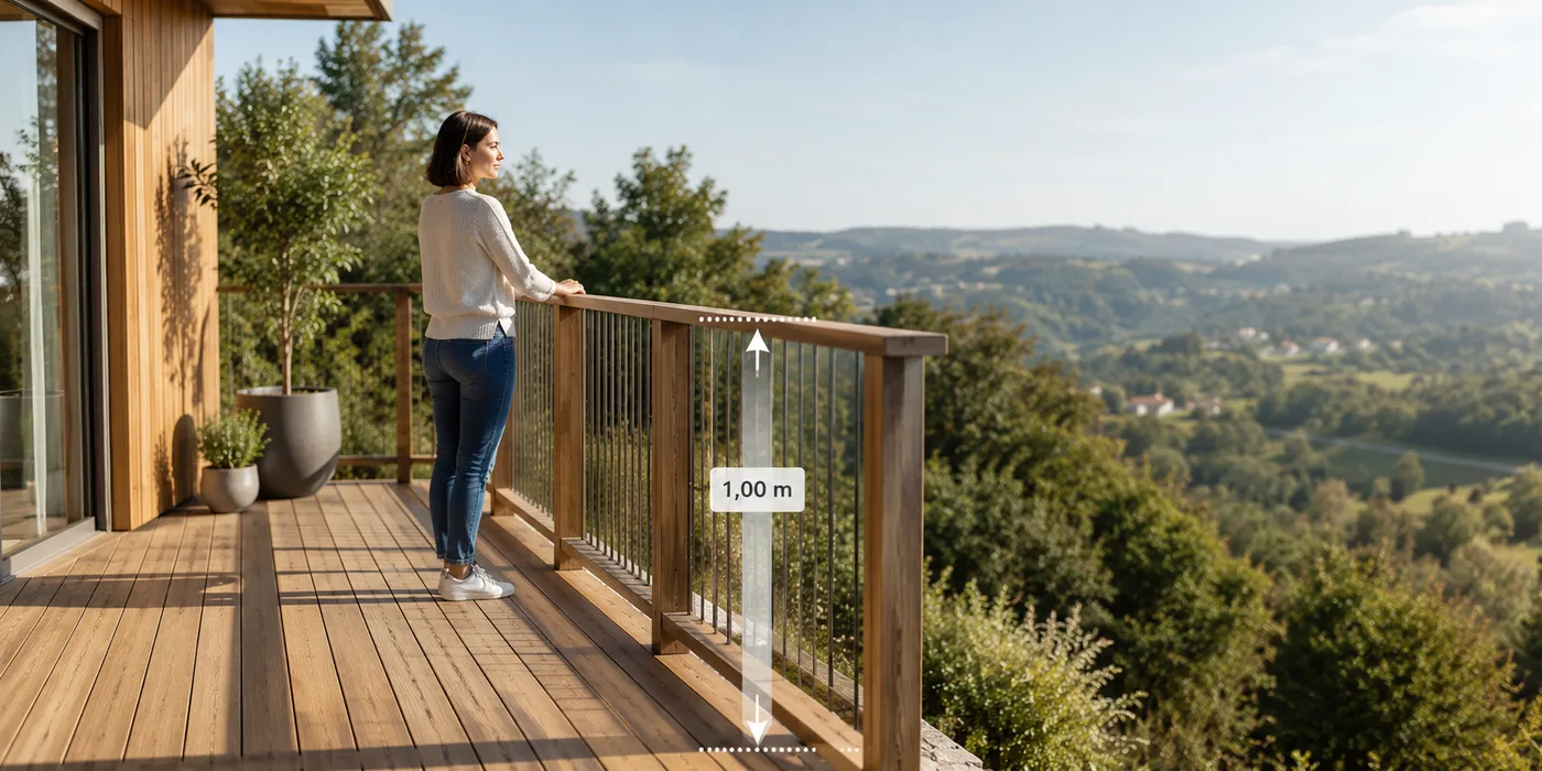 Garde-corps en bois sur terrasse surélevée, vue extérieure