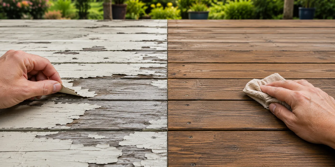 Terrasse bois avec produit filmogène écaillé — peinture décollée sur lames