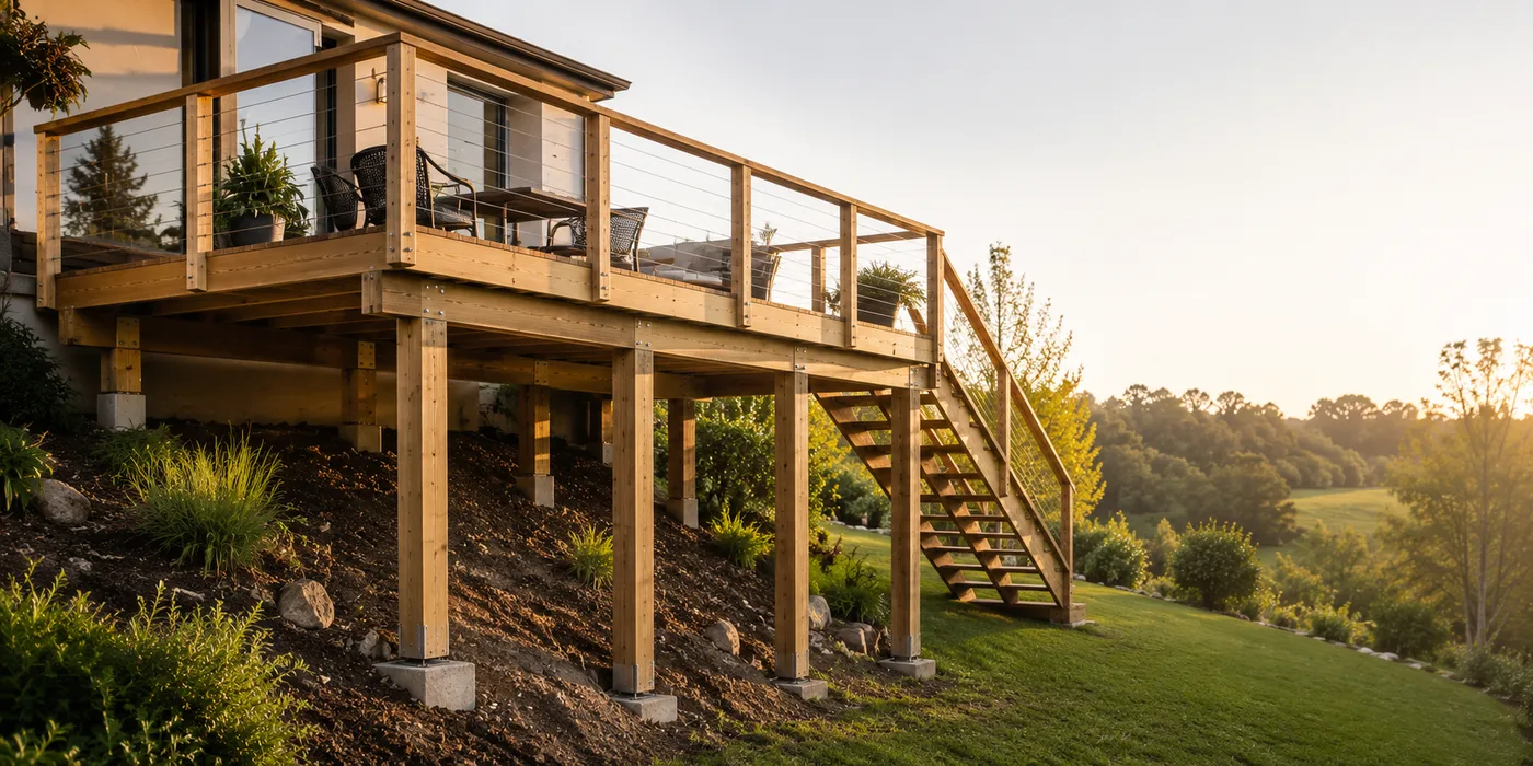Terrasse bois sur pilotis surélevée, vue de dessous montrant la structure