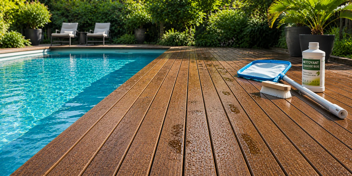 Terrasse bois exotique autour d'une piscine