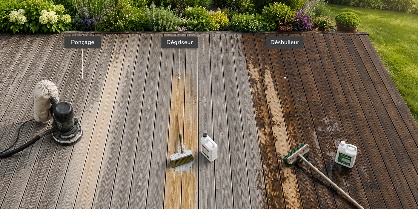 Terrasse bois grisée avant rénovation